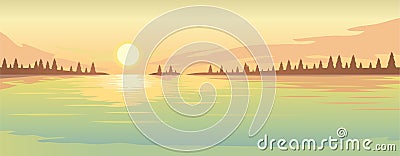 Sunset over the lake and fir forest on the coast. Vector Illustration