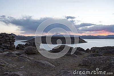 Sunset over Lake Umayo at Sillustani near Puno. Stock Photo