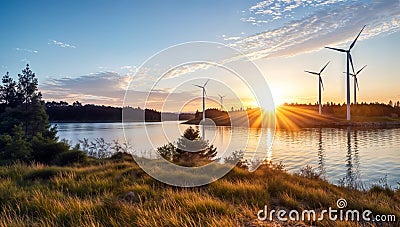 Sunset over a lake with wind turbines in the foreground and trees in the background, generative ai Stock Photo