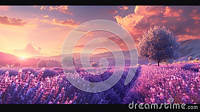 Sunset Over Lavender Fields with Picturesque Clouds Stock Photo