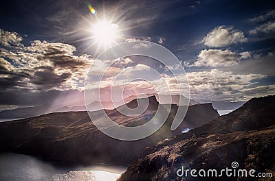 Sunset over Maderia island landscape, Ponta de sao Lourenco. It is a wonderful view of the sea cliffs, Portugal. It is a natural Stock Photo