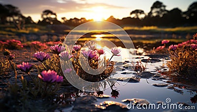 Sunset over meadow, purple flowers bloom in nature generated by AI Stock Photo