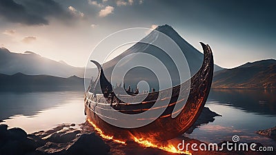 sunset over the mountains A fantasy long boat on the rocks at a lake of fire, Stock Photo