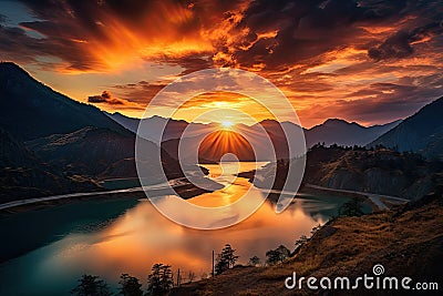 sunset over mountains and lake Wispy Clouds Over Lake at Sunset Stock Photo