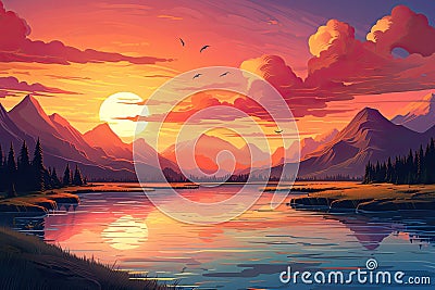 sunset over mountains and lake Wispy Clouds Over Lake at Sunset Stock Photo