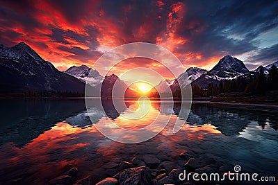 sunset over mountains and lake Wispy Clouds Over Lake at Sunset Stock Photo