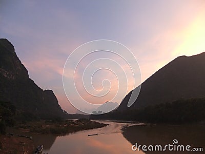 Sunset on the Ou River, Laos Stock Photo