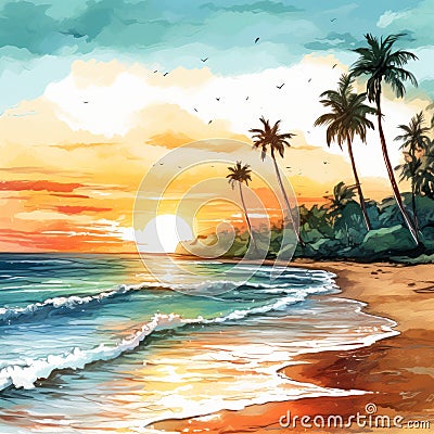 Colorful Watercolor Sunset Beach Drawing With Palm Trees Cartoon Illustration