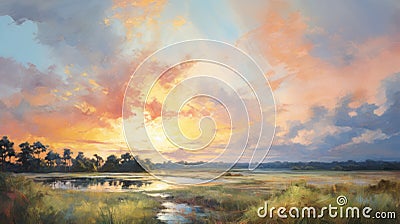 Sunset Over Pond: A Lively Coastal Landscape Painting In Mark Lovett's Style Stock Photo