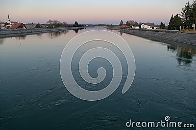 Sunset over the ptujsko jezero dam on drava river in Ptuj in Slovenia Stock Photo
