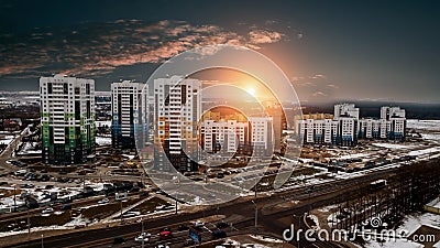 Sunset over a residential area with multi-storey buildings Stock Photo