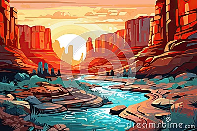 Sunset over the river in Canyonlands National Park in Utah illustration, Canyon with a river between the rocks at dawn time. Post- Cartoon Illustration