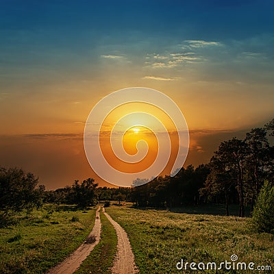 Sunset over road in wood Stock Photo