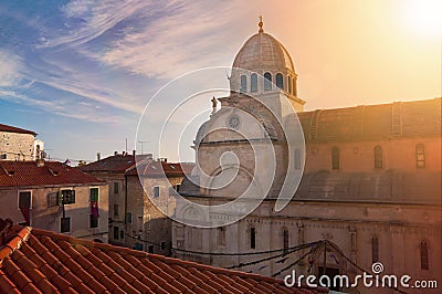 Sunset over the roofs of Sibenik, Croatia Stock Photo