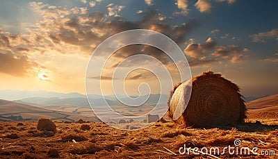 Sunset over a rural farm, meadow bales, golden harvest, nature beauty generated by AI Stock Photo