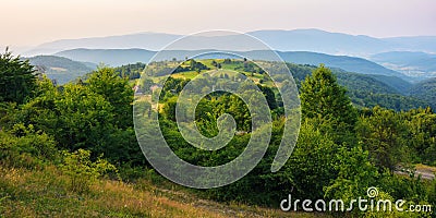 sunset over the rural valley. trees, fields and meadows on rolling hills Stock Photo
