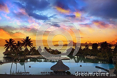 Sunset over the sea and mountains, Tahiti Stock Photo