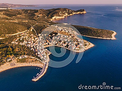 Sunset over Thasos Island as seen from above. Drone shot over Skala Marion and Platanes Beach in Thasos Island, Greece Stock Photo