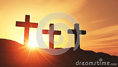 Sunset over religious crosses Stock Photo