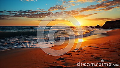 Sunset over the tranquil coastline, waves reflecting golden twilight beauty generated by AI Stock Photo