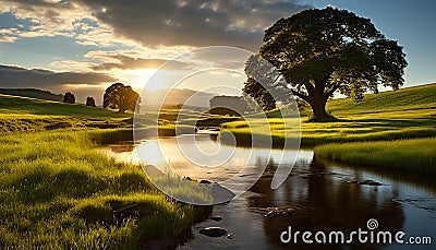 Sunset over the tranquil meadow, nature beauty generated by AI Stock Photo