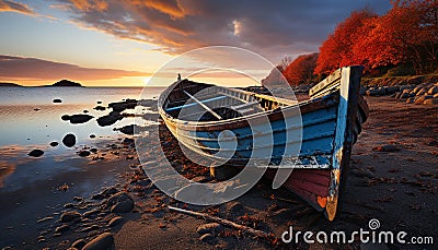 Sunset over tranquil seascape, fishing boat reflects beauty generated by AI Stock Photo