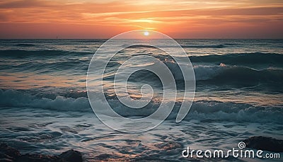 Sunset over tranquil seascape, wave splashing wet sand generated by AI Stock Photo