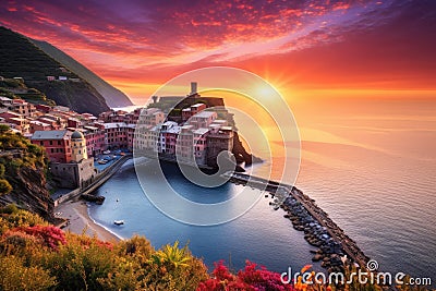 Sunset over Vernazza village in Cinque Terre, Italy, Vernazza village and stunning sunrise, Cinque Terre, Italy, Europe, AI Stock Photo