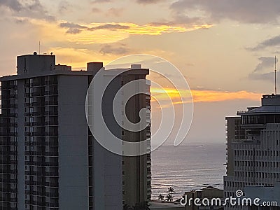 Sunset Over Waikiki Beach Hotels Stock Photo