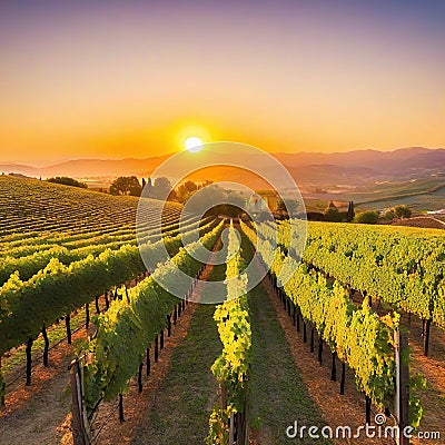 Sunset over winery harvests autumn grapes generated by Cartoon Illustration