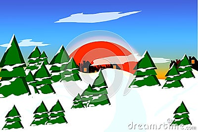 Sunset over a winter forest. Cartoon background Cartoon Illustration