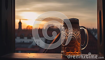 Sunset over a wooden table, beer mug, and Bavarian celebration generated by AI Stock Photo