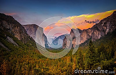 Sunset Over Yosemite National Park from Tunnel View. Stock Photo