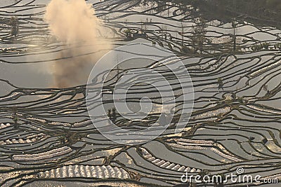 Sunset over YuanYang rice terraces in Yunnan, China, one of the latest UNESCO World Heritage Sites Stock Photo