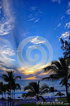 Sunset at the Pacific Ocean from a Resort in Mexico Stock Photo