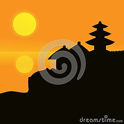 Sunset and pagoda Cartoon Illustration