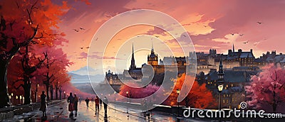 Sunset in Paris, France. Panoramic view of the old town. Digital oil color painting illustration Cartoon Illustration