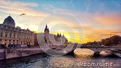 Sunset in Paris, view of the river Seine and the monuments of Paris, France Editorial Stock Photo