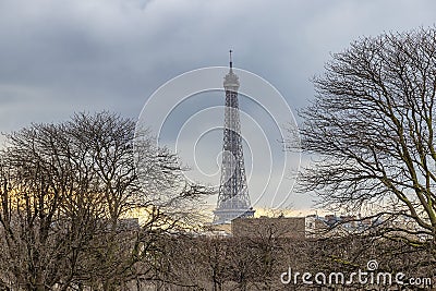 Sunset in Paris, in winter, with Eiffel tower in the far view Stock Photo
