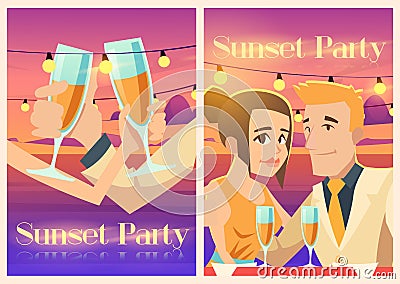 Sunset party poster with happy couple on sea coast Vector Illustration