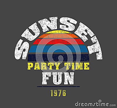 `sunset, party time, fun` typography, sporting tee shirt graphics Stock Photo