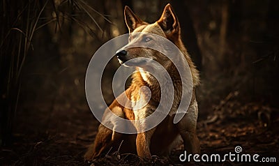 sunset photo of dingo also called warrigal sitting on a forest path. Generative AI Stock Photo