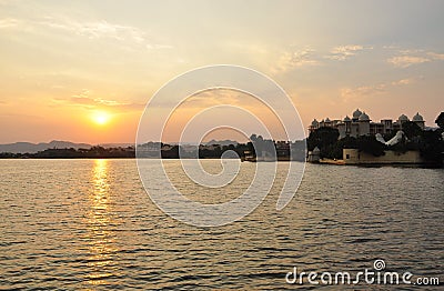 Sunset on Pichola lake, Udaipur, Rajasthan, India Stock Photo