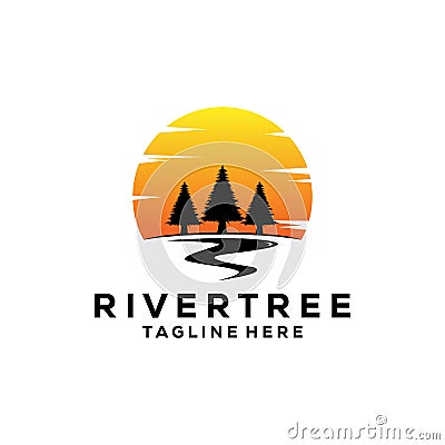 sunset pine tree logo vintage with river creek vector emblem illustration design Vector Illustration