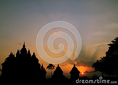 Sunset at Plaosan Temple, Silhouette of Plaosan Temple Stock Photo