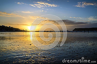 Sunset at polzeath beach, Cornwall, UK Stock Photo