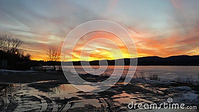 Sunset at Pontoosuc Lake in Pittsfield, MA Stock Photo