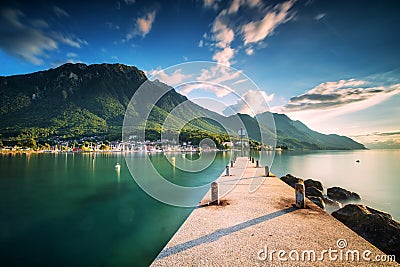 Sunset at Port Valais town with Swiss Alps near Montreux, Switzerland, Europe Stock Photo