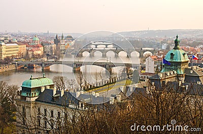 Sunset Prague Bridges view, Czech Republic Stock Photo