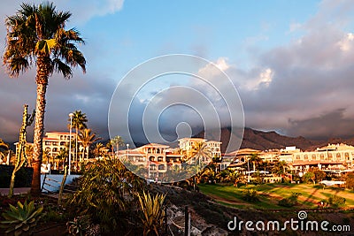 Sunset in Puerto de la Cruz, Tenerife, Spain. Tourist hotel Resort. Sunset Stock Photo